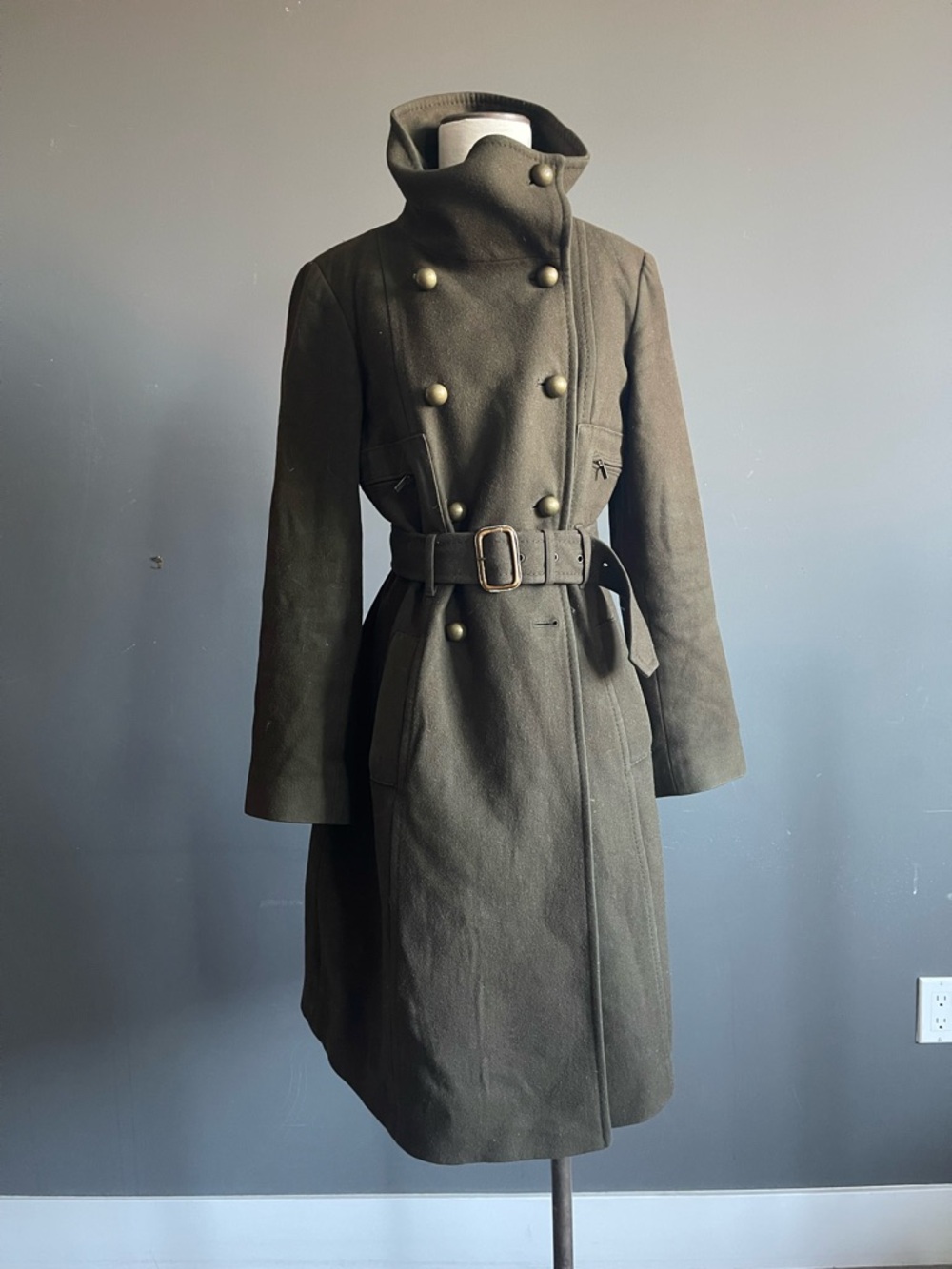 BCBG MaxAzria Wool Cashmere Coat Military Belted High Collar Olive Utility Chic